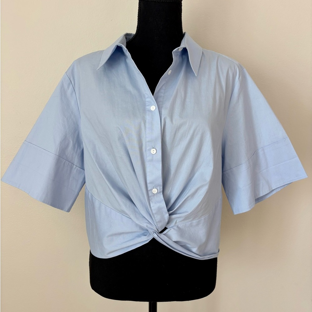 Mare Mare x Anthropologie Blue Wrap Twist Front Short Sleeve Button Up Preppy